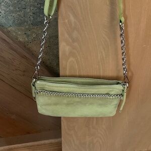 Vintage Light Green Crossbody with a Textured Finish and Silver Toned Chain.
